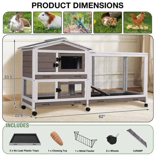 MEDEHOO 62" Rabbit Hutch with Wheels for Outdoor &amp; Indoor, 2-Story Bunny Cage with Pull Out Tray, Chew-Proof Ramp, Waterproof Roof, Brown