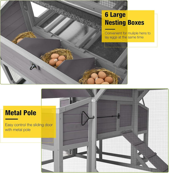 MEDEHOO Extra Large Chicken Coop for 8-10 Chickens, Reinforced Structure Outdoor Wooden Chicken House with 6 Nesting Boxes, Extended Run, Waterproof Roof, Iron Edge, Grey, 118" L x 26" W x 50" H NAIR46-M-WM
