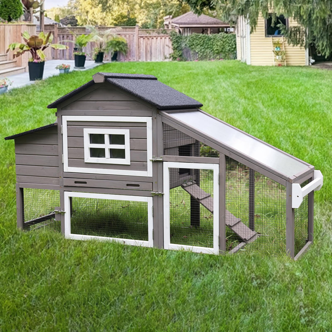 BUTINGLALE Outdoor Mobile Chicken Coop with Wheels Hen House with Nesting Box Wooden Bunny Cage Large Duck House with Run UV Roof Rabbit Hutch(Brown) AIR23-C-N