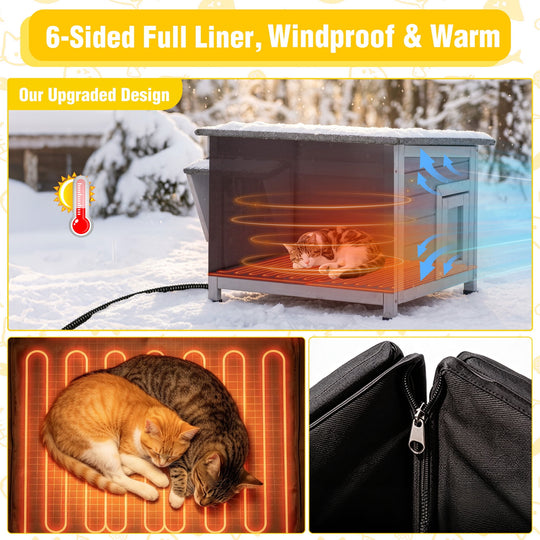 MEDEHOO Heated Outdoor Cat House with Heating Pad and Washable Insulated Liner, Wooden Shelter for 1–2 Cats AIR12-HP-WFS-GE