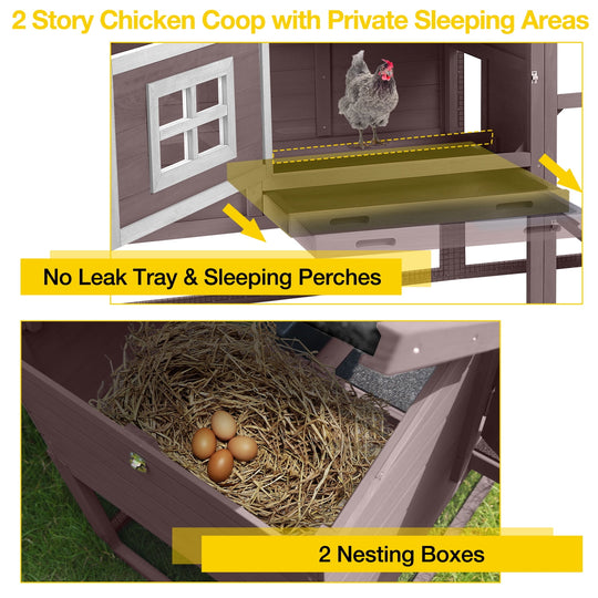 MEDEHOO Chicken Coop, Mobile Chicken House with Wheels, Outdoor Hen House Poultry Cage with Nesting Box, Leakproof Pull Out Tray and UV-Resistant Roof (Brown)