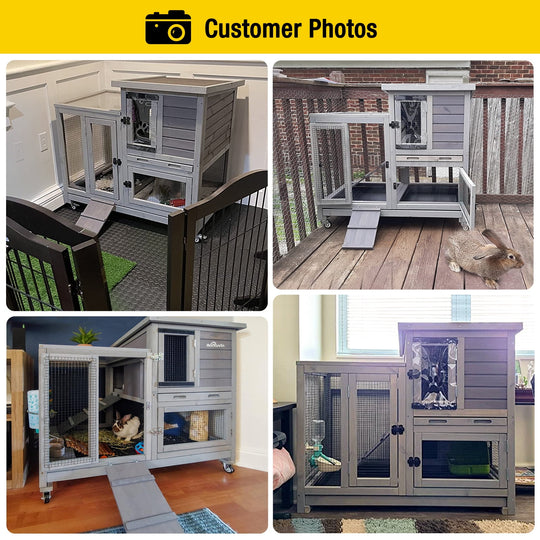 MEDEHOO Wooden Bunny Hutch Indoor&amp; Outdoor Rabbit Hutch Guinea Pig Cage for Small Animals with Trays (Grey)