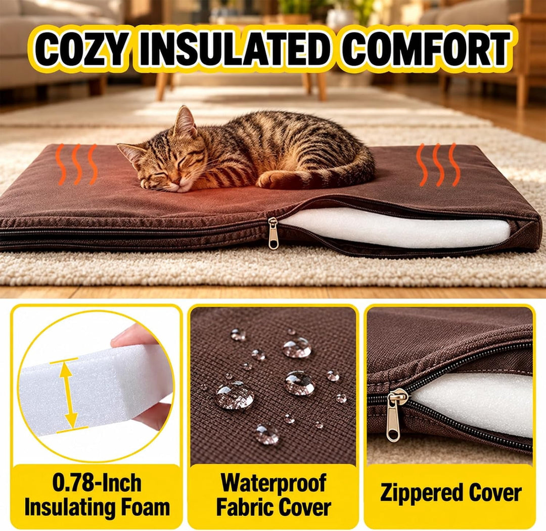 MEDEHOO Insulated Outdoor Cat House 23.6 in, Weatherproof Wooden Feral Cat Shelter with Washable Thermal Liner and Elevated Base, Brown GUT12-WBR-IN-WM