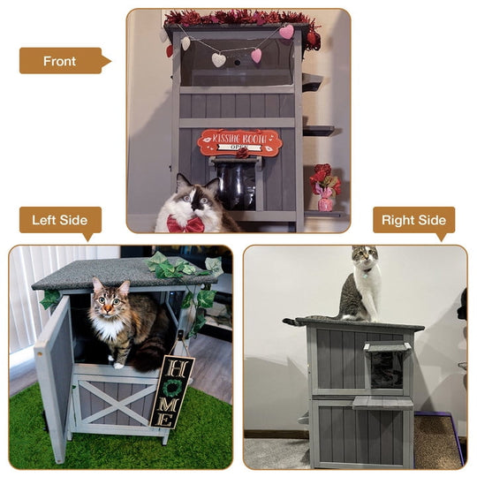 Outdoor Cat House 2-Story Feral Animals Shelter Cat Enclosure with Window &amp; Waterproof Roof BSR144