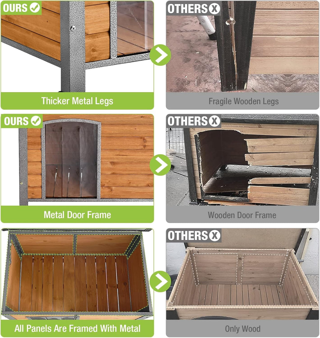 MEDEHOO Chew Proof Dog House with Metal Iron Frame Outdoor Dog Kennel for Small Medium Large Indoor Dog Cage (43.3" L,Brown Color)