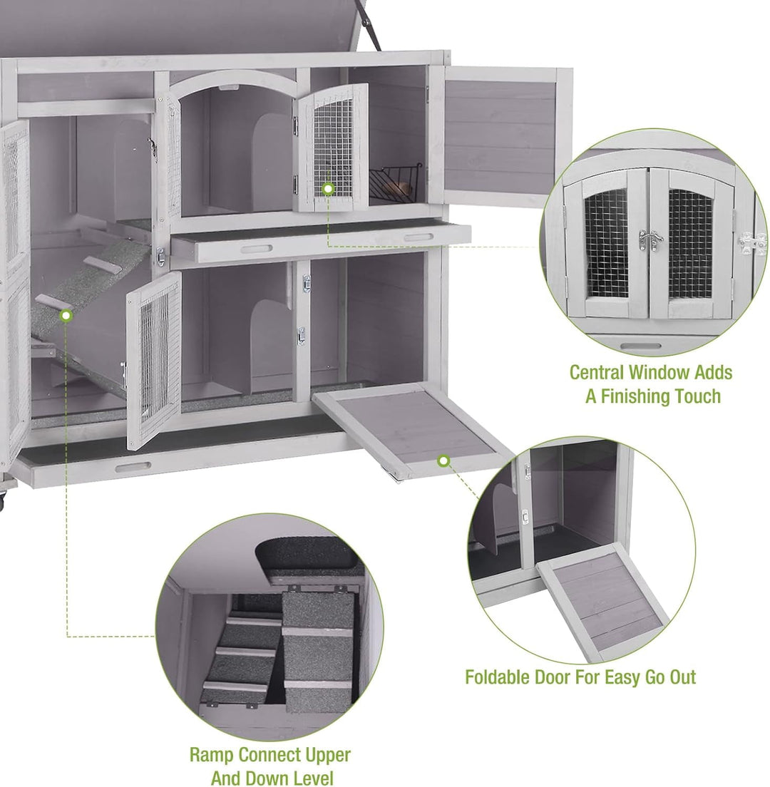 MEDEHOO 47" Rabbit Hutch Indoor Outdoor Bunny Cage on Wheel Bunny House with Tray