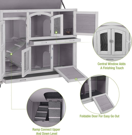 MEDEHOO 47" Rabbit Hutch Indoor Outdoor Bunny Cage on Wheel Bunny House with Tray