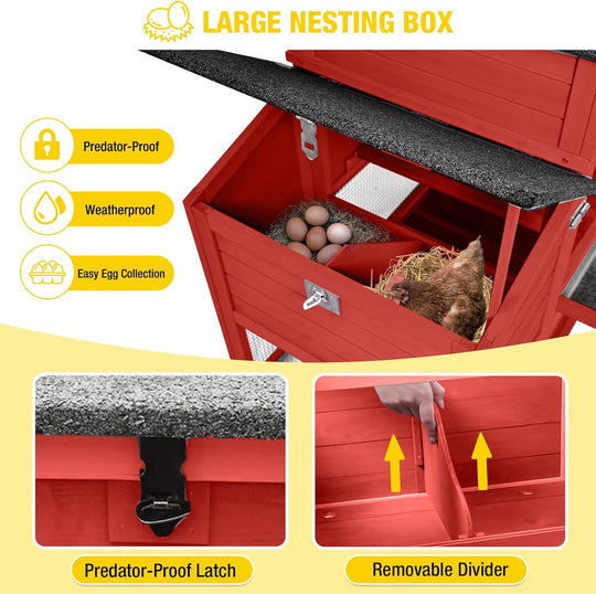 MEDEHOO Large Chicken Coop with Wheels  82.4" L Outdoor Hen House with Run Nesting Box for 4-6 Chickens, Mobile Chicken House Portable Duck Coop Red