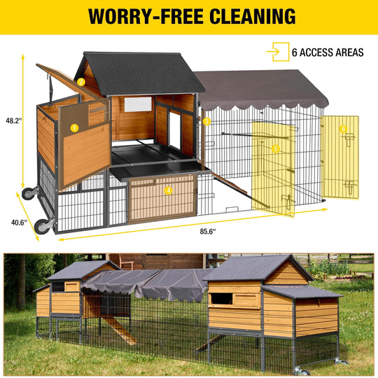 MEDEHOO Chicken Coop Large Mobile Chicken House with Strong Iron Frame Outdoor Poultry Cage with Nesting Box, Duck Coop,Waterproof Rain Cover 85‘’
