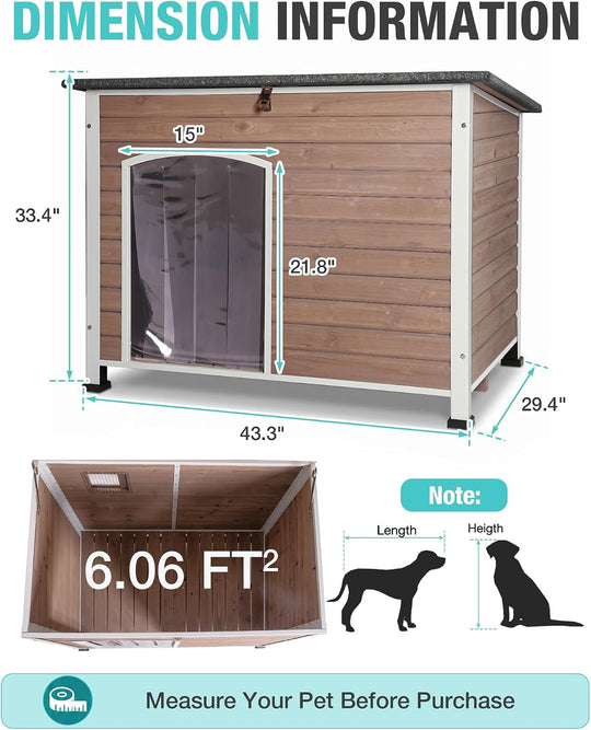 MEDEHOO 43.3" Extra Large Heated Insulated Dog House for Winter Wooden Outdoor Dog Kennel with All-Around Iron Frame-Light Brown AIR76-BM-HP-A12