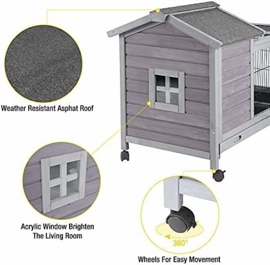 MEDEHOO 41" Mobile Rabbit Hutch with Removable Wire Floor, Wooden Bunny Cage on 4 Wheels with Deep Leak-Proof Plastic Tray, Indoor Outdoor Guinea Pig House, Gray