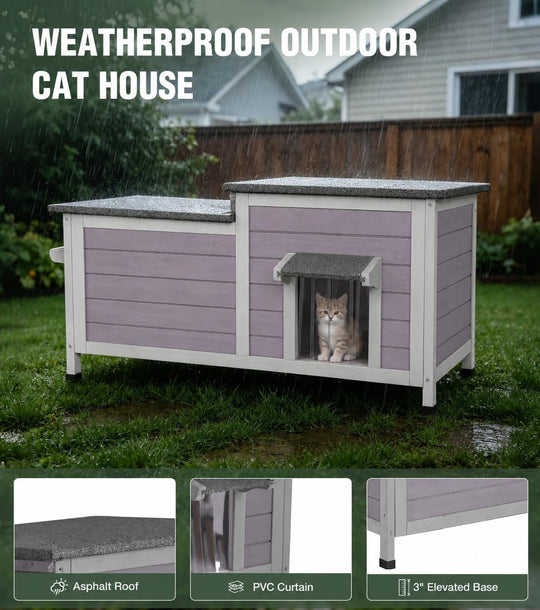 MEDEHOO Outdoor Cat House Weatherproof 2-Room Cat Shelter 34" L Large Outside Cat House with Asphalt roof, PVC Curtain and 2 Entrances for 2-3 Cats