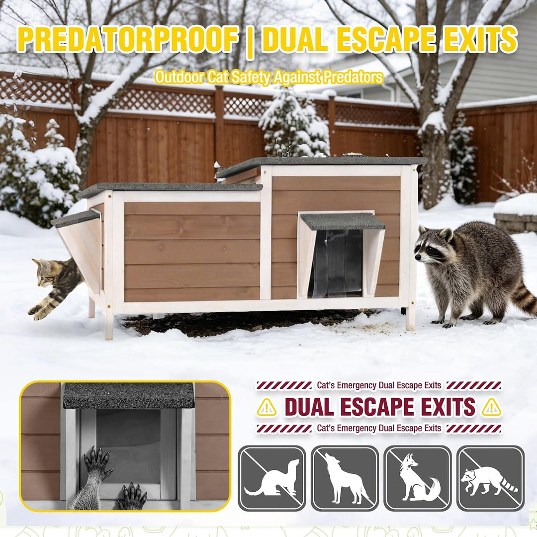 MEDEHOO 39.1" Large Heated Outdoor Cat House for 1-4 Cats, Insulated Wooden Feral Cat Shelter with Heating Pad and Escape Doors