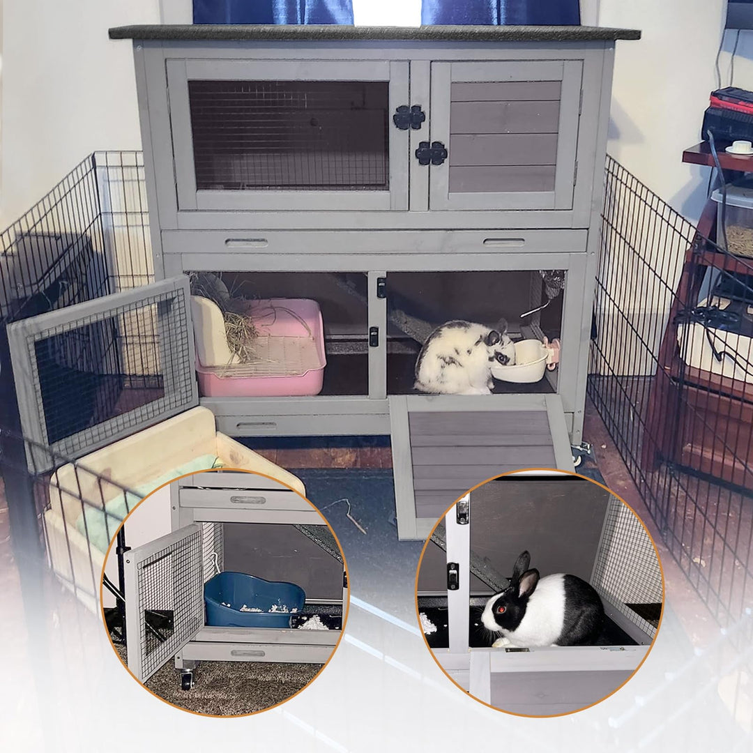 BUTINGLALE Rabbit Hutch Indoor Outdoor, Bunny Cage with Casters, Guinea Pig Cage Bunny Hutch with Two Plastic Trays 36inch SKY77-WM
