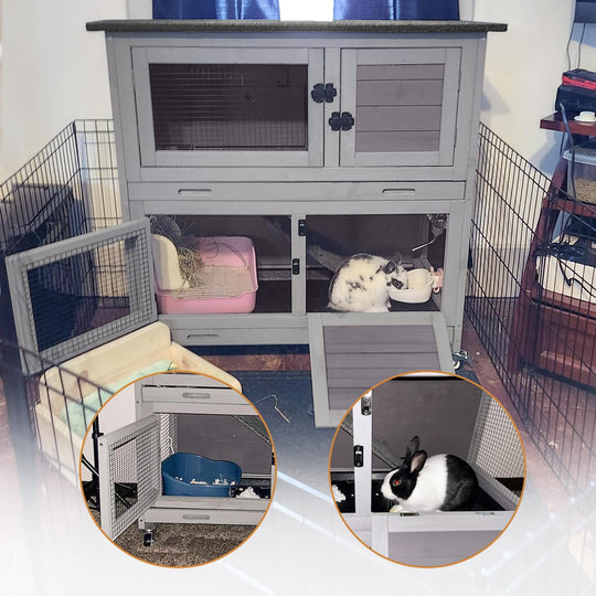 BUTINGLALE Rabbit Hutch Indoor Outdoor, Bunny Cage with Casters, Guinea Pig Cage Bunny Hutch with Two Plastic Trays 36inch SKY77-WM
