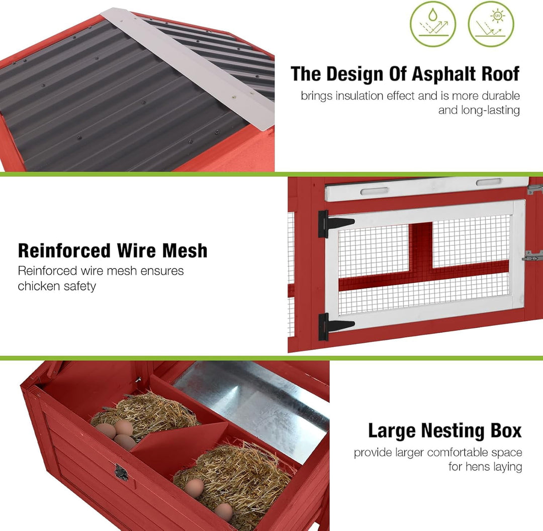 MEDEHOO 80" Mobile Chicken Coop with Wheels – Expandable Waterproof Hen House, Wooden Poultry Cage with Nesting Box &amp; Pull-Out Tray for 2-4 Chickens (Red)
