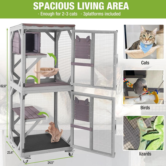 MEDEHOO Cat House Outdoor Catio for Cat Enclosure on Wheels 62.5" Large Kitty Shelter with Waterproof Cover,Indoor Cat Cage with Resting Room,Platforms AIRJO22-M