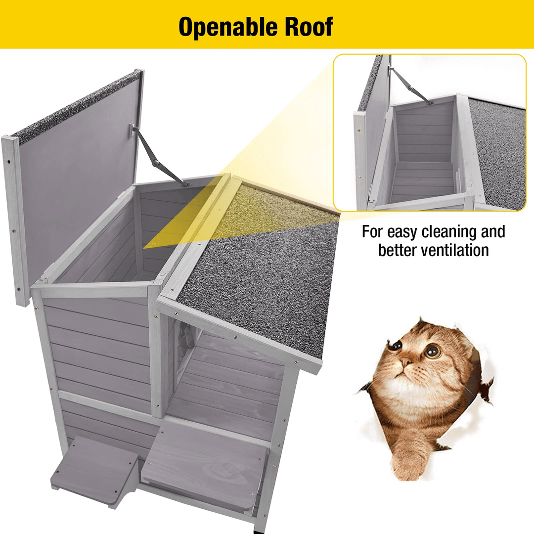 MEDEHOO Outdoor Cat House Wooden Winter Weatherproof Feral Cat Shelter with Balcony AIR33-WM
