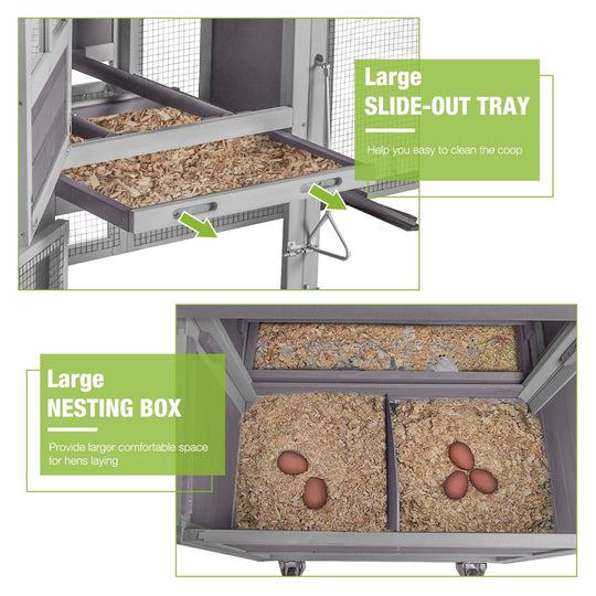 MEDEHOO Chicken Coop with Wheels Mobile Large Hen House for 4-6 Chickens with Reinforced Nesting Box, Large Run, Metal Tray, Easy Rolling &amp; Easy Cleanning, 74.9" AIR31-00J -WM