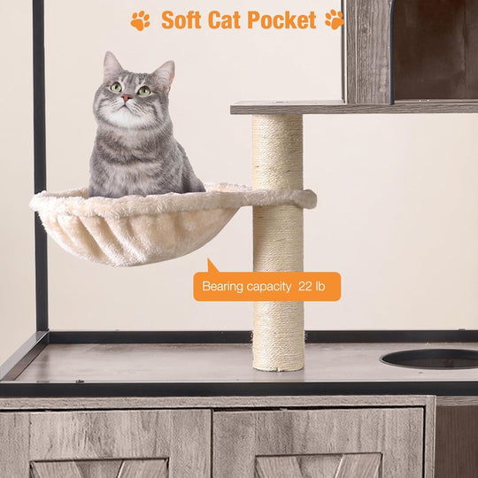 MEDEHOO Cat Litter Box Enclosure, Hidden Litter Box Furniture with Metal Frame, Wooden Kitty House with Barn Door, Wooden Cat Washroom Furniture, Fit Most of Litter Box (Grey) AIR102-I-A111-WM