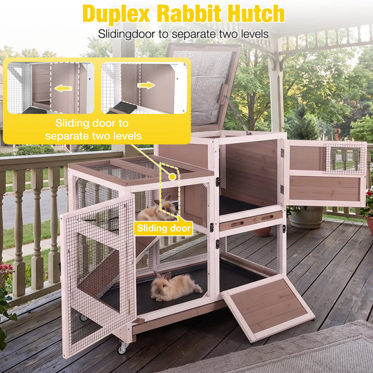 MEDEHOO Rabbit Cage Indoor Outdoor Bunny Hutch on Wheels, 2 Story Wood Guinea Pig Cages with 2 Deeper Pull Out Trays AIR7013-PD