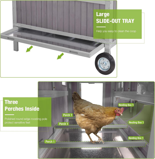 BUTINGLALE Chicken Coop Mobile Duck Coop with Super Large Wheels Durable Hen House 48.6" Outdoor Rabbit Hutch with Nesting Box for 3-6 Chickens AIR96-N
