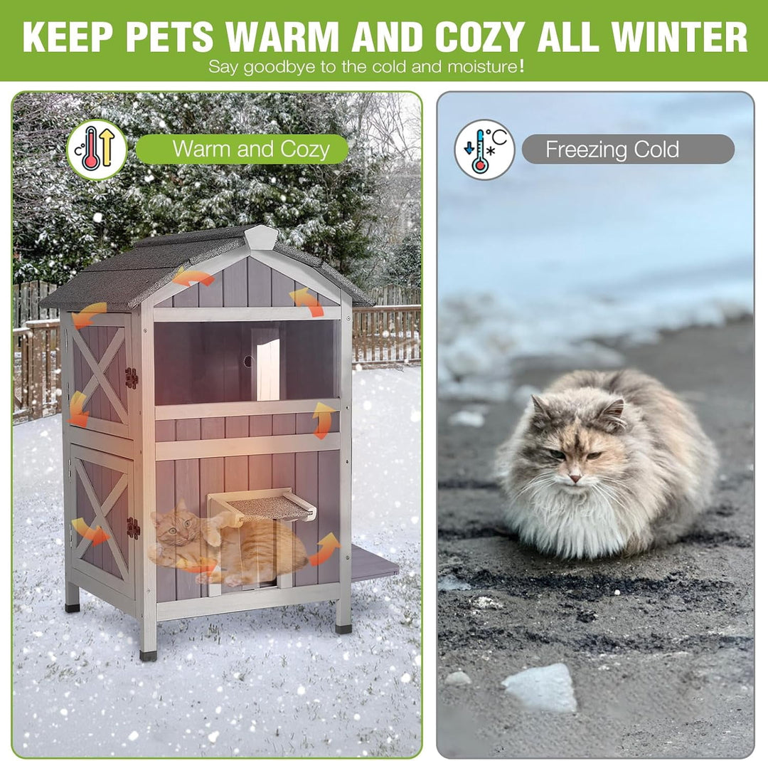 MEDEHOO 2-Story Outdoor Cat House Large Weatherproof Feral Cat Shelter Wooden Elevated Kitty Condo with Openable Roof, Large Doors, Acrylic Window