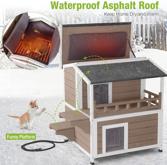 MEDEHOO Cat House for Outdoor Cats Large 2-Stroy Insulated Kitty Shelter with Heater for Winter,Waterproof Great for Indoor &amp; Outdoor Use,Brown
