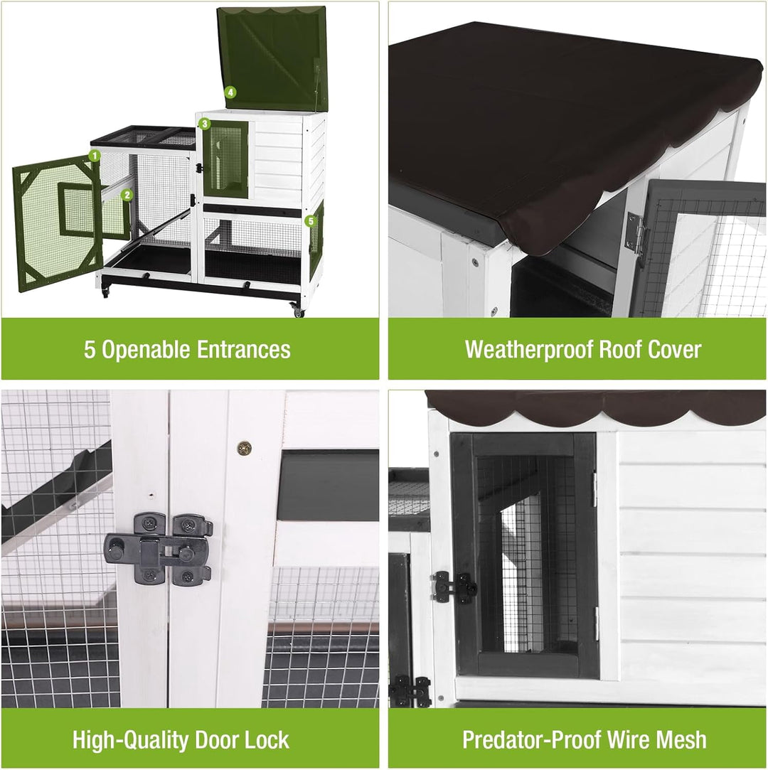 2-Story Rabbit Hutch Bunny Cage with Leak-Proof Trays &amp; Chew-Proof Ramp - Indoor/Outdoor 39.3" Wooden Rabbit Cage with Wheels (Black)