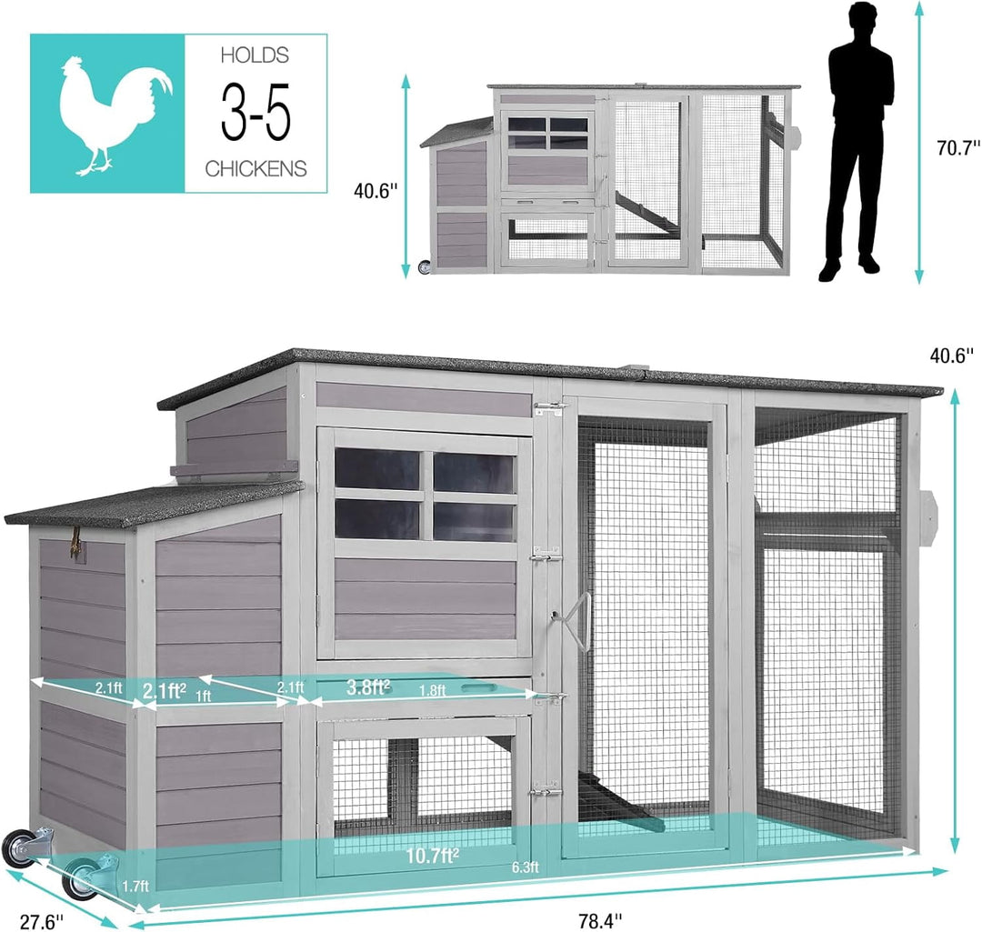 MEDEHOO Chicken Coop Extension Run, 78.4" L Large Outdoor Chicken House with Wheels, Wooden Poultry Cage with Nesting Box, Leakproof Tray, and Waterproof Roof AIR31-MA-WM