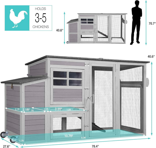 MEDEHOO Chicken Coop Extension Run, 78.4" L Large Outdoor Chicken House with Wheels, Wooden Poultry Cage with Nesting Box, Leakproof Tray, and Waterproof Roof AIR31-MA-WM