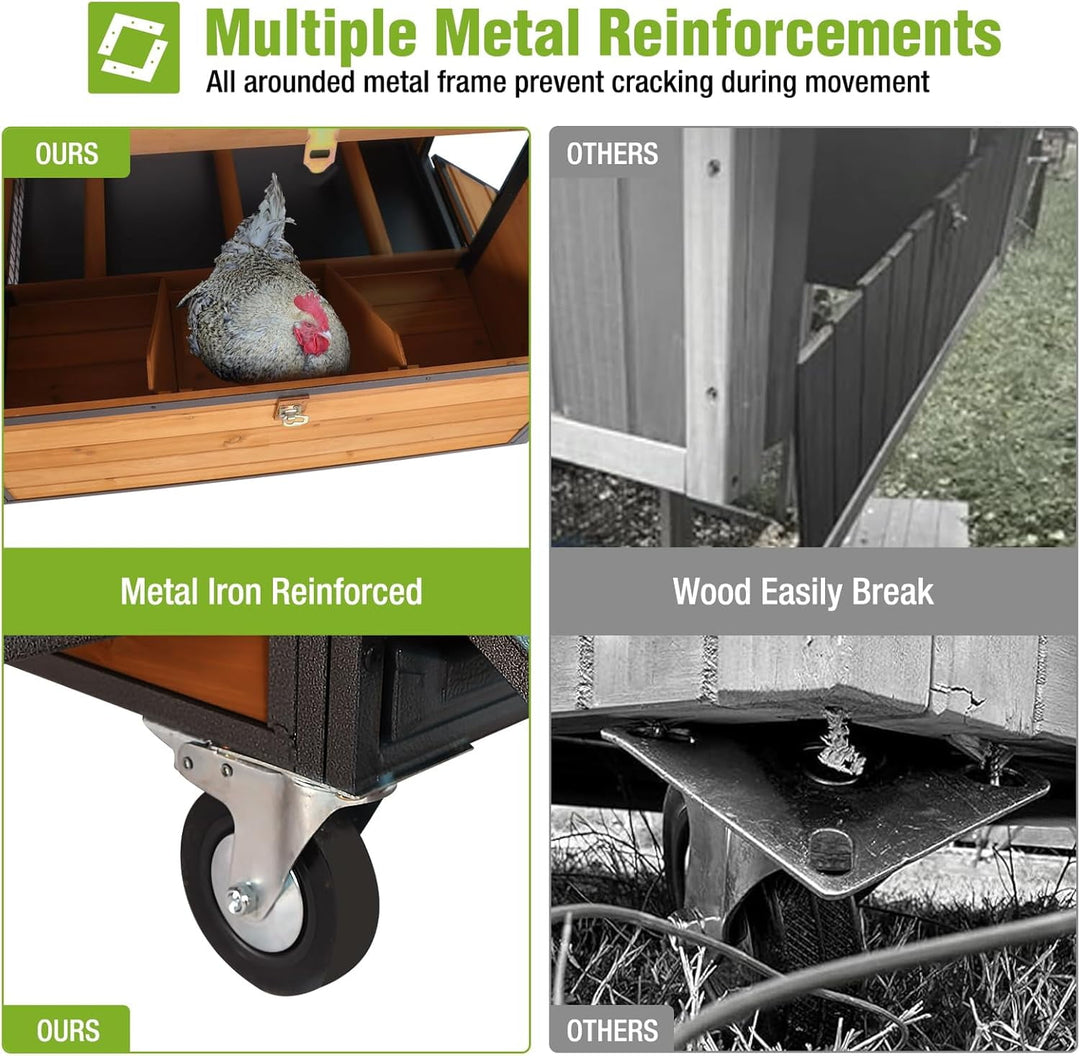 MEDEHOO Mobile Chicken Coop with All Arounded Metal Frame Large Hen House with Super Large Wheels for 6–8 Chickens, 6 Nesting Boxes, Metal Run, 76.7" L AIR7019-A-WM
