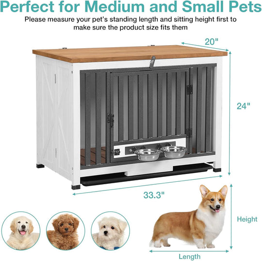 MEDEHOO Foldable Dog Crate – Indoor Kennel with Pull-Out Tray &amp; 2 Bowls, Modern Side Table Design for Medium Breeds (Brown) AIR100-A12-WM