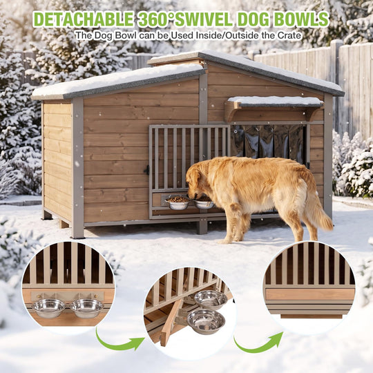 MEDEHOO Extra Large Heated Dog House Insulated Dog Shelter Weatherproof Dog Kennel with Heating Pad, Chew-Proof Metal Frame, 6-Sided Thermal Liner for Large Dog Breeds (Camel)