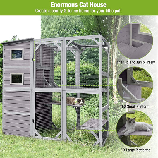 AivituCatio Outdoor Cat Enclosure - 77 Inch Large Cat Kennel Kitten Cage for Multiple Indoor Outdoor Cats Outside Patio, Insulated Feral Cat Shelter with Platforms, Window, Waterproof Roof and Houses