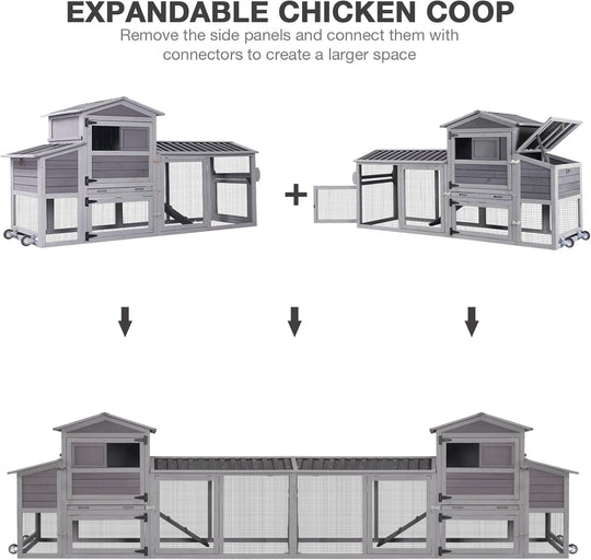 MEDEHOO Large Chicken Coop with Wheels for 4-6 Chickens 81"L Weatherproof Duck House with Nesting Box Mobile Hen House with Run Leakproof Tray Grey