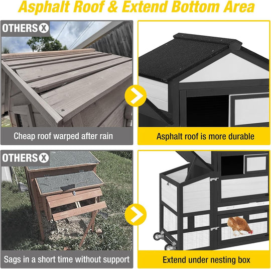 MEDEHOO 82.4" Chicken Coop with Wheels, Large Hen House with Run, Chicken Cage for 4-6 Chickens, Weatherproof Asphalt Roof, Nesting Box &amp; Pull-Out Tray (Black)