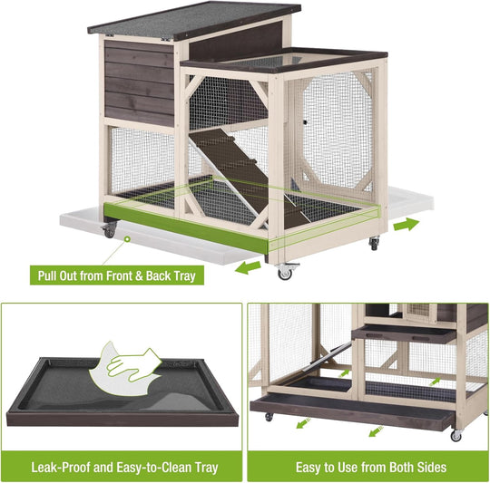MEDEHOO 2-Story Rabbit Hutch with Chew-Proof Ramp &amp; Pull-Out Trays - Indoor/Outdoor 39.3" Wooden Rabbit Cage on Wheels for Rabbits, Guinea Pigs (Beigie&amp;Brown)