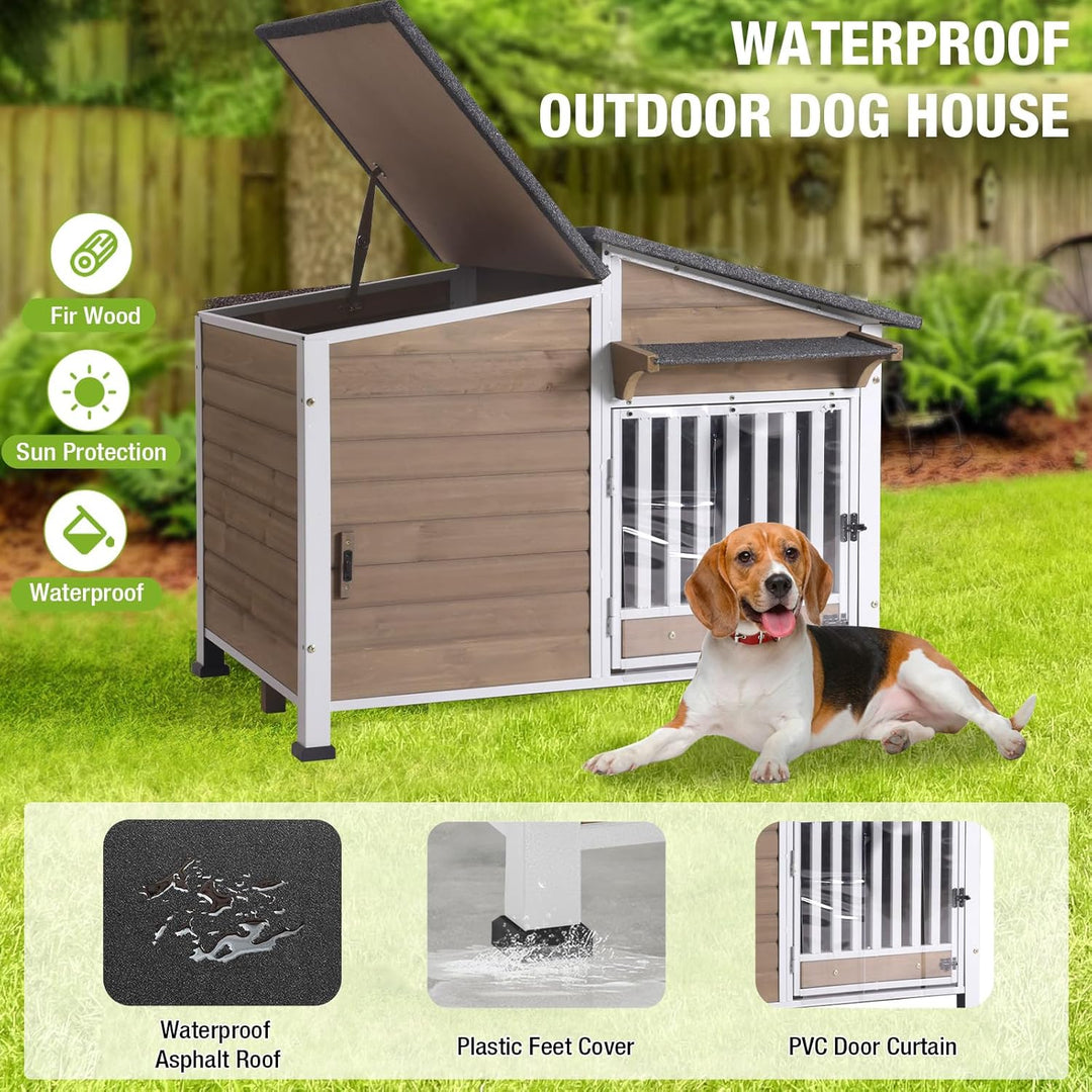 MEDEHOO Heated Dog House Outdoor with Heating Pad and Insulated Liner, Wooden Dog Kennel with Anti-Chewing Metal Frame, Weatherproof Dog Shelter with Bowls for Outdoor or Indoor Use (Light Brown)