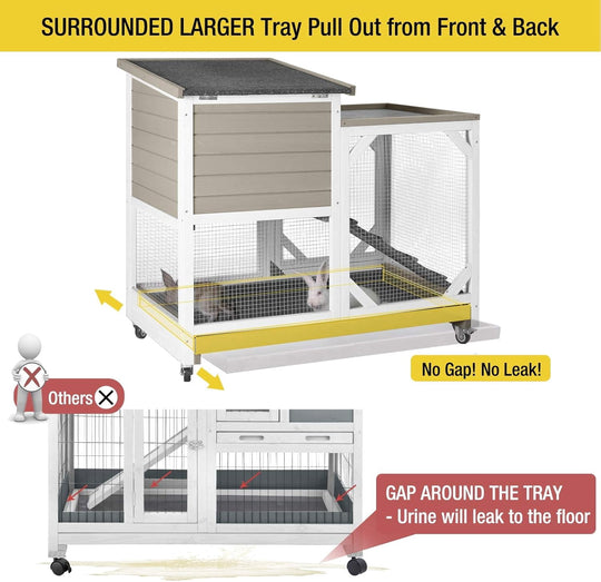 MEDEHOO Upgrade Rabbit Hutch Rabbit Cage Indoor Bunny Hutch with Run Outdoor Rabbit House with Two Deeper No Leak Trays - 4 Casters Include (Mocca Color Without Bottom Wire Netting) XZ7003-KK-WM