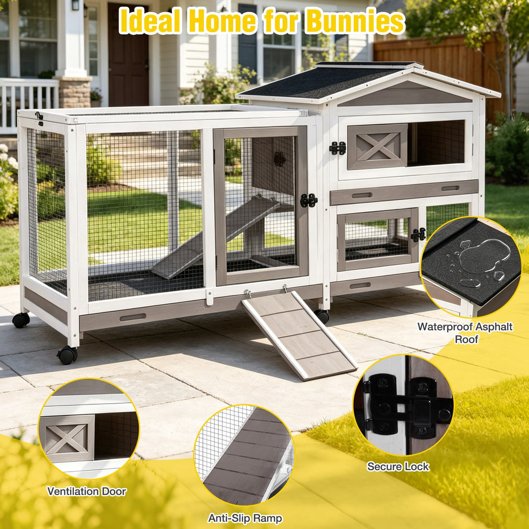 MEDEHOO Rabbit Hutch with Wheels for Outdoor &amp; Indoor, 2-Story Bunny Cage Guinea Pig House with Pull Out Tray for Rabbits, Gray