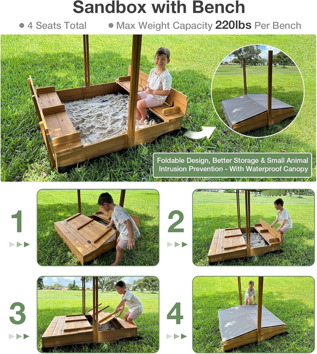 MEDEHOO Sandbox with Lid and Cover, Outdoor Sand Box for Kids with 360° Adjustable Canopy, 2 Foldable Bench Seats &amp; Sand Leak-Proof Liner AIR05-MB-WM