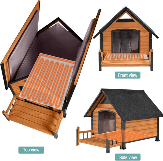 MEDEHOO Insulated Dog House with Heating Pad, Weatherproof Outdoor Kennel for Large Dogs, Chew-Resistant Iron Frame &amp; Asphalt Roof XLarge AIR80-L-HP-A12-WM