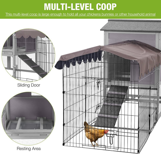 MEDEHOO Large Metal Chicken Coop Run with Mobile, 79.1in Poultry Cage with Waterproof&amp;Anti-UV Cover, Outdoor Chicken Pen for 4-6 Chickens, Ducks AIR7008-G-MA-WM