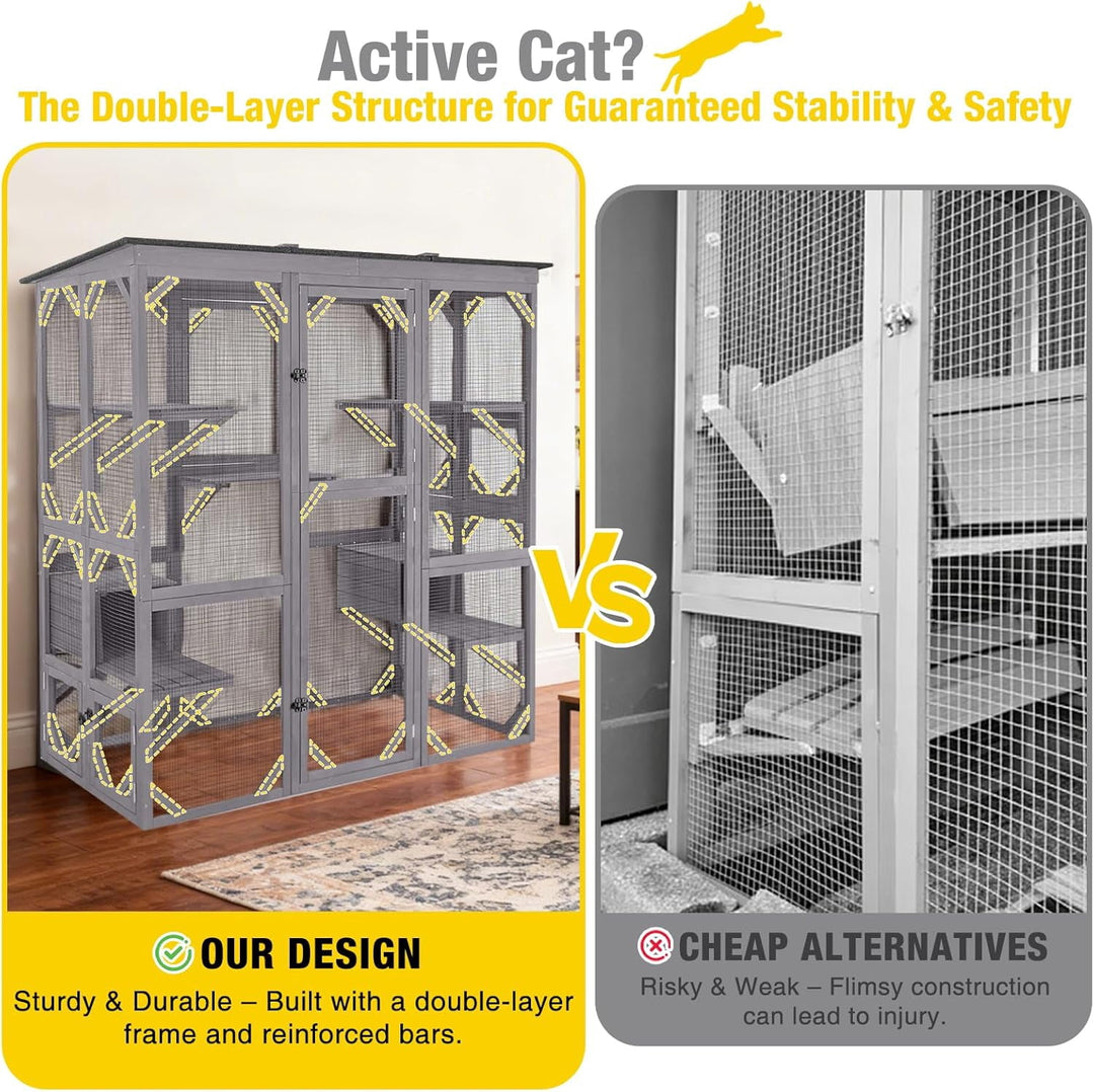 MEDEHOO Catio Outdoor Cat Enclosure Extra Large Window Cat House for Outdoor Cats Walk-in Kitty Cage with 7 Platforms Weatherproof Feral Cat Shelter