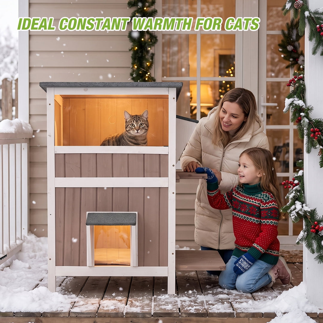 MEDEHOO 2-Story Heated Cat House Large Outdoor Cat House with Insulated Liner, Weatherproof | 2 Story Insulated Feral Cat Shelter with Heating Pad Brown