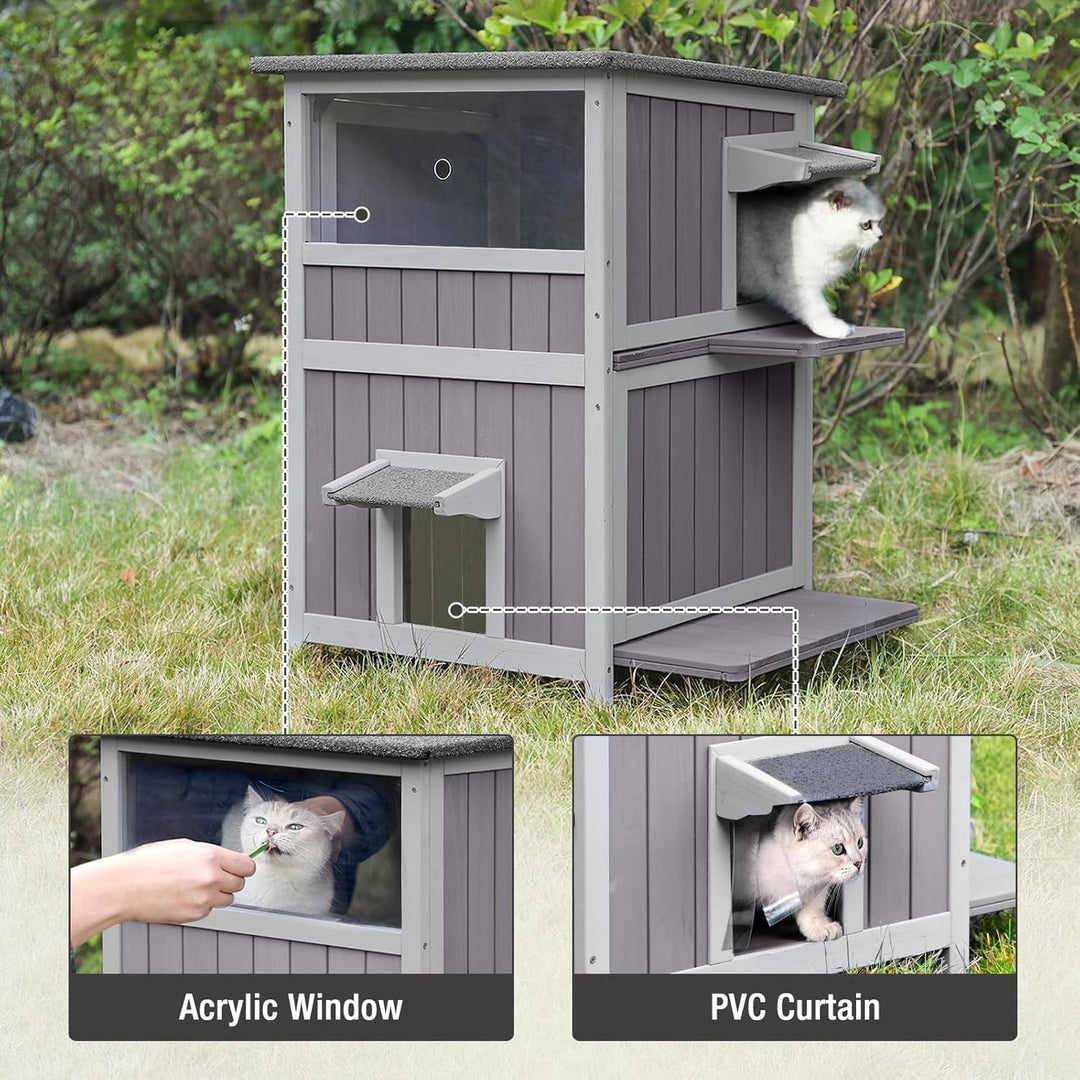 Outdoor Cat House Weatherproof, 2-Storys Feral Cat House with 2 Escape Doors and Window, Stray Cat Shelter with 2 Large Side Doors and Removable Floor