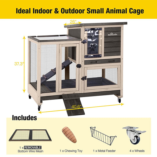 MEDEHOO Wooden Rabbit Hutch with Two Slide Tray Outdoor Bunny Cage Indoor Guinea Pig Habitat - Coffee