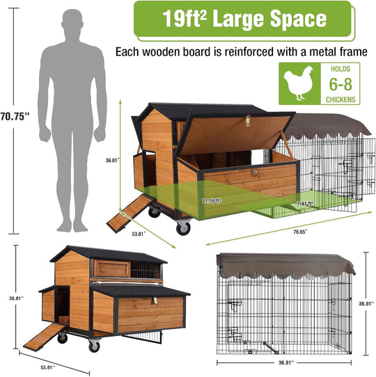 MEDEHOO Mobile Chicken Coop with All-Around Metal Frame, 76.7" Large Chicken Coops with Super Large Wheels, Outdoor Poultry Cage Hen House with Metal Run for 6-8 Chickens