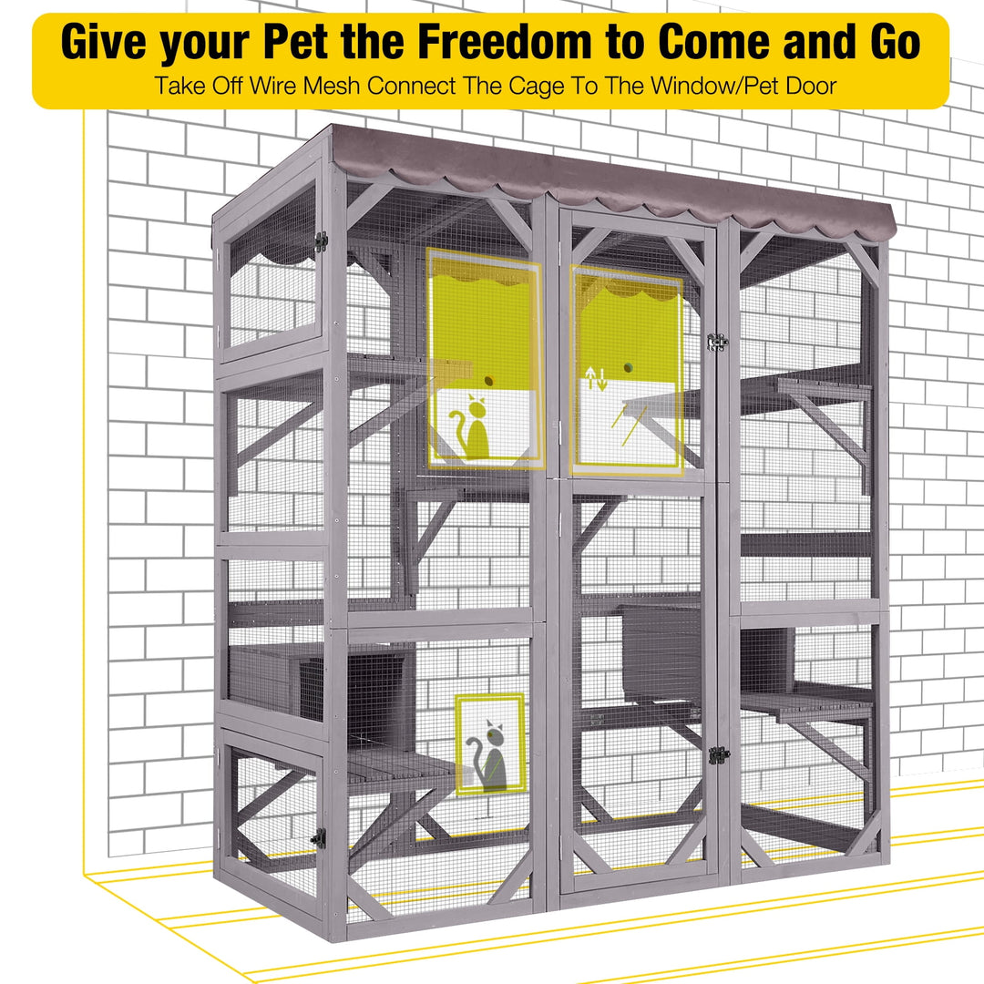MEDEHOO Cat House Outdoor Catio Kitty Enclosure, Wooden Cat Cage Condo Indoor Playpen with Large Enter Door and Platforms for Kittens